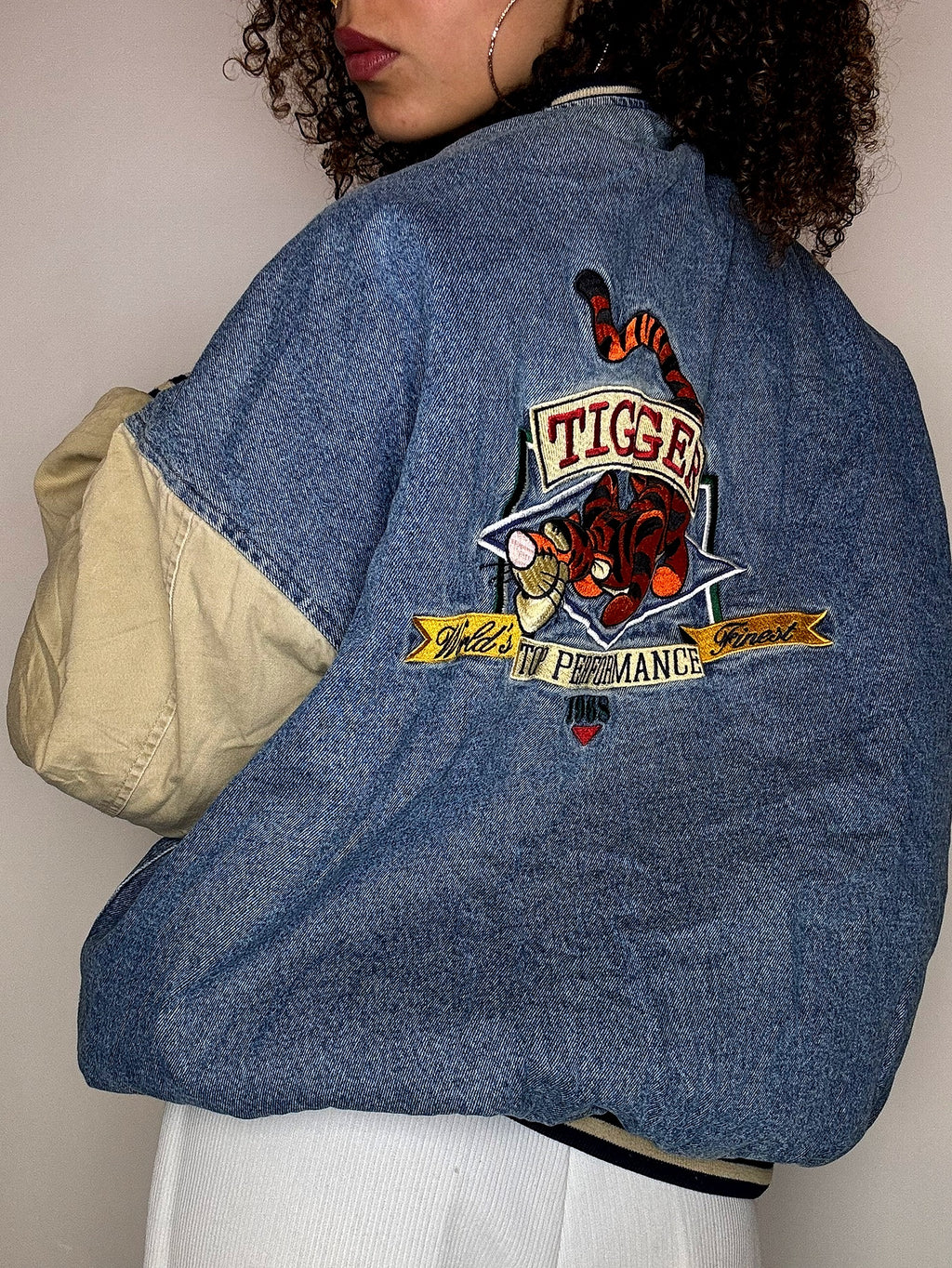 Vintage TIGROU Embroidered Denim Bomber Jacket XL