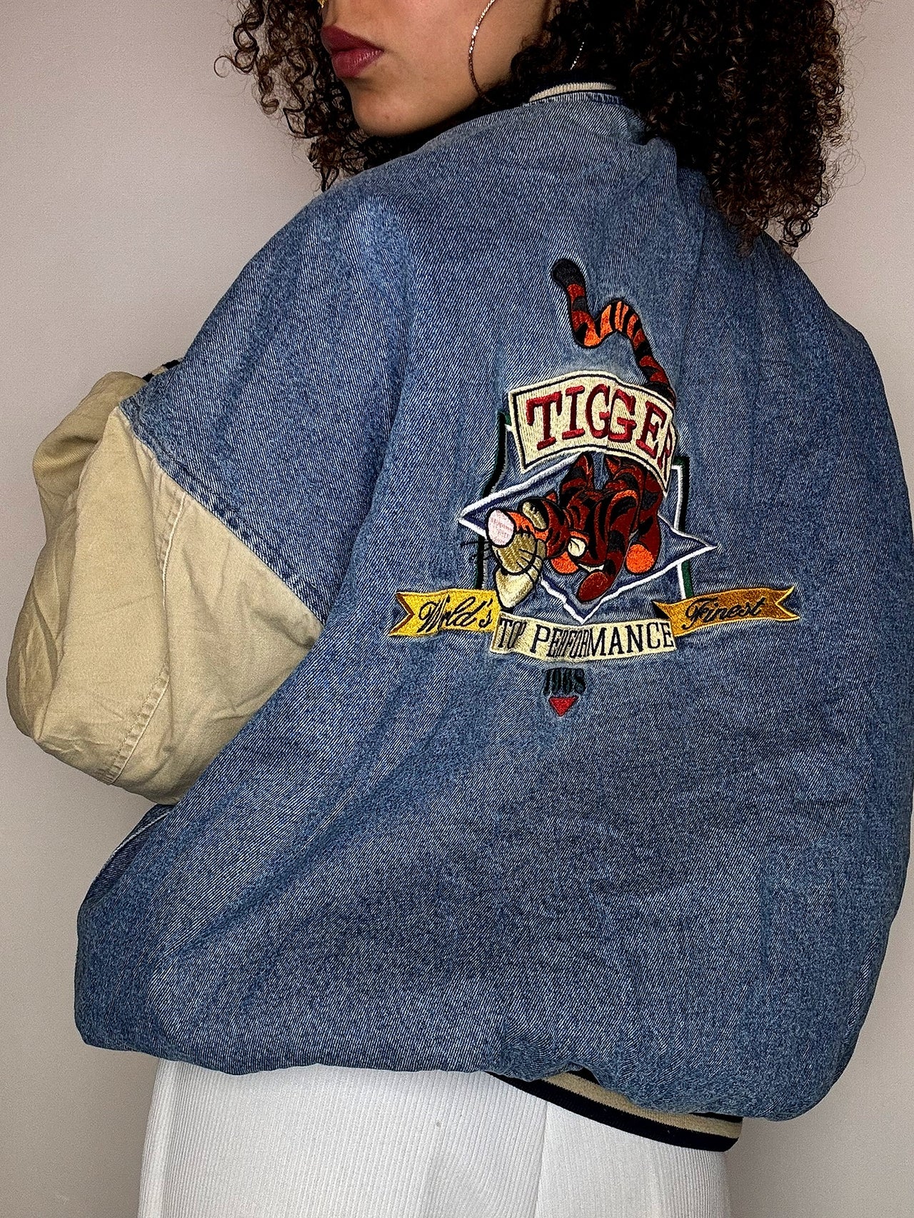 Bomber en denim brodé TIGROU XL vintage