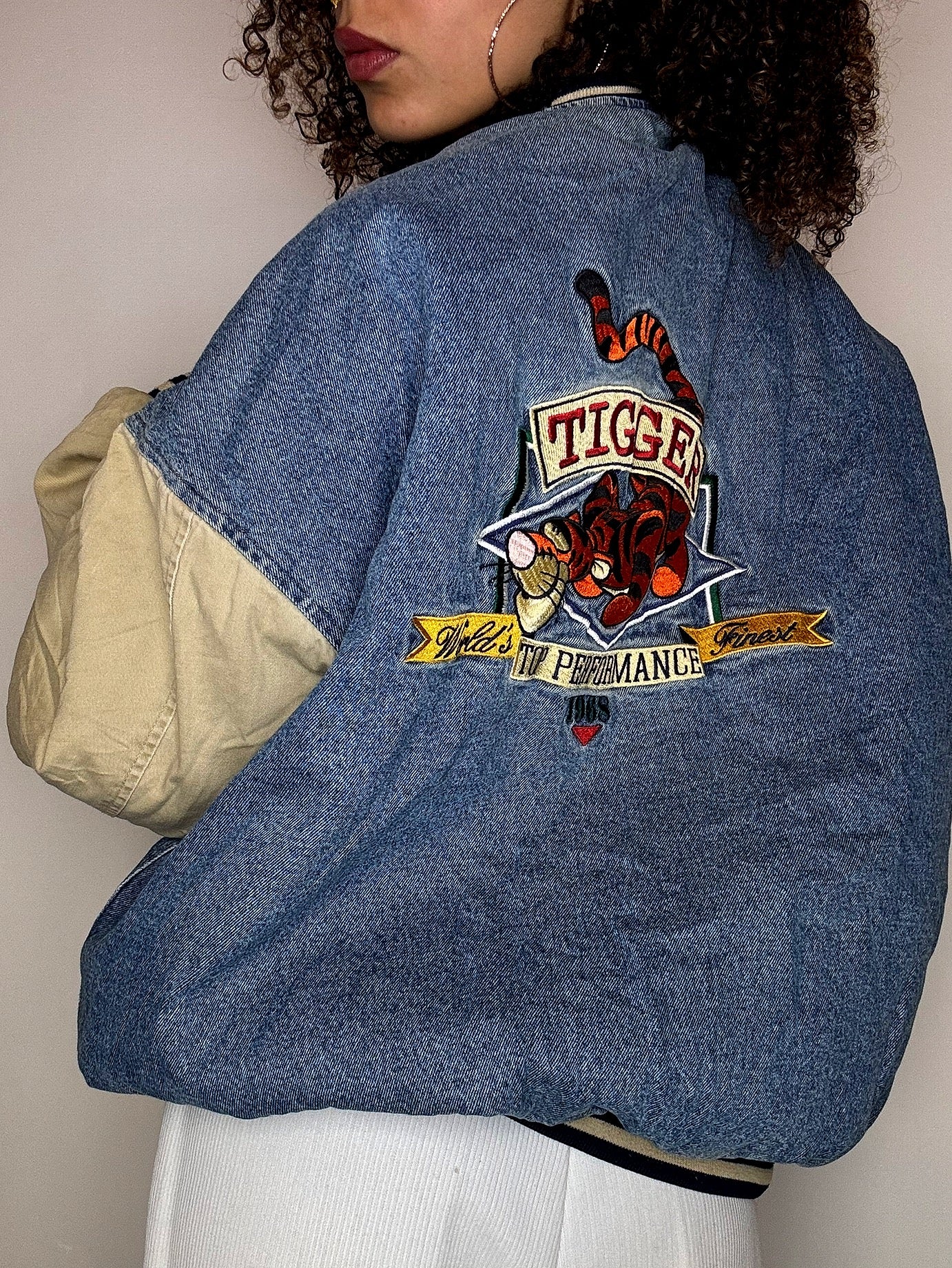 Vintage TIGROU Embroidered Denim Bomber Jacket XL