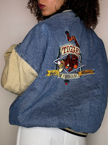 Bomber en denim brodé TIGROU XL vintage