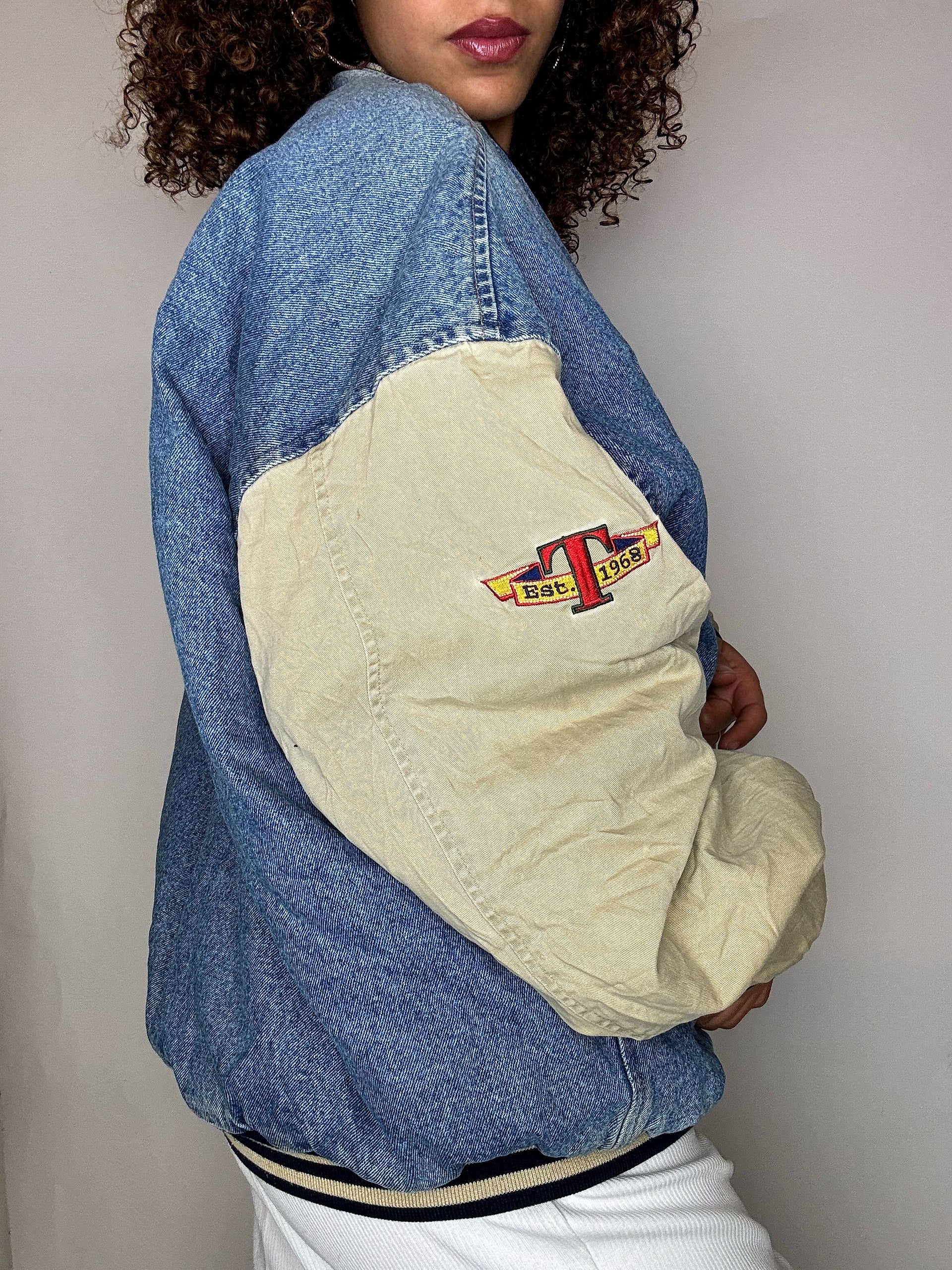 Vintage TIGROU Embroidered Denim Bomber Jacket XL