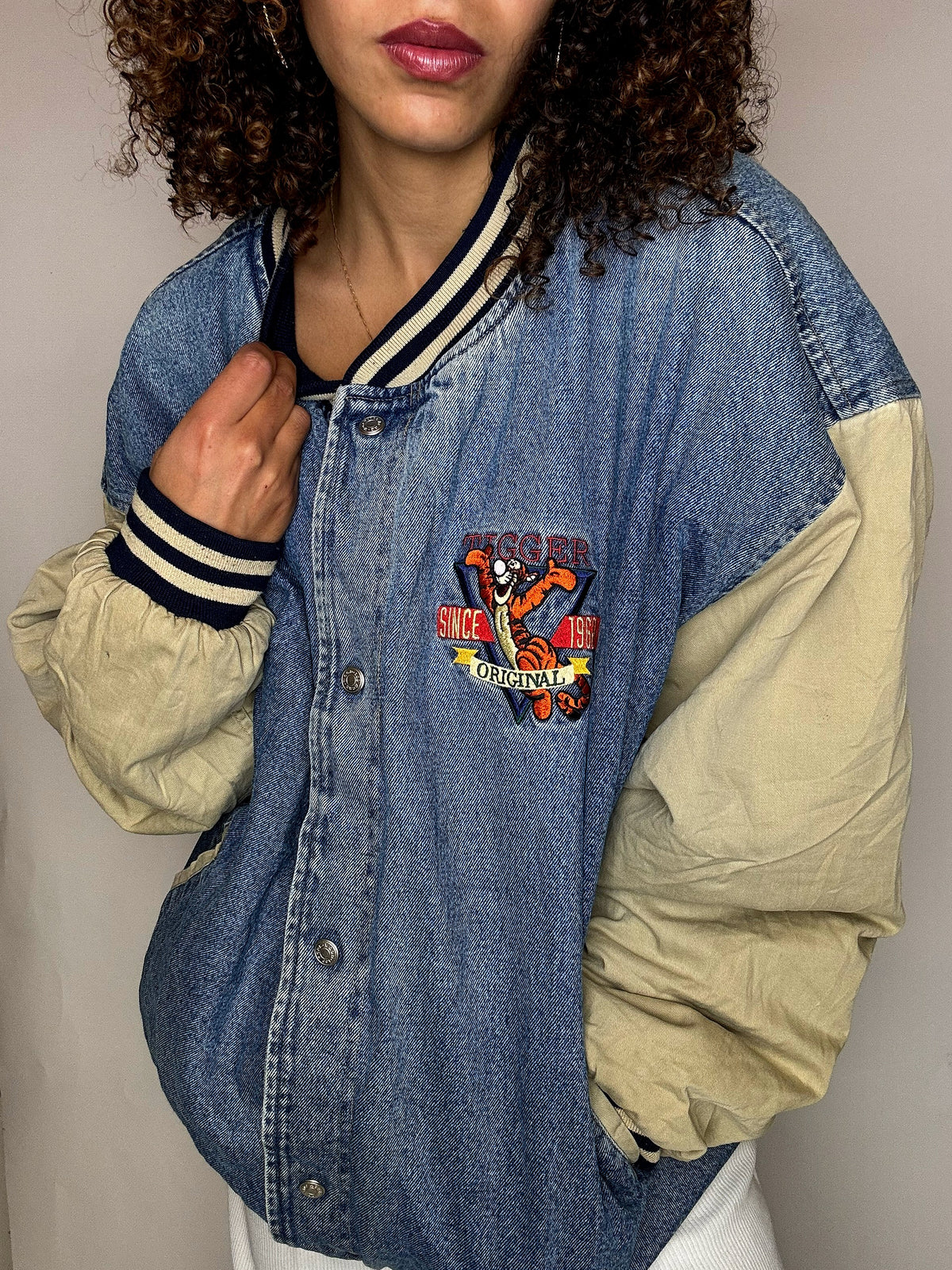 Vintage TIGROU Embroidered Denim Bomber Jacket XL