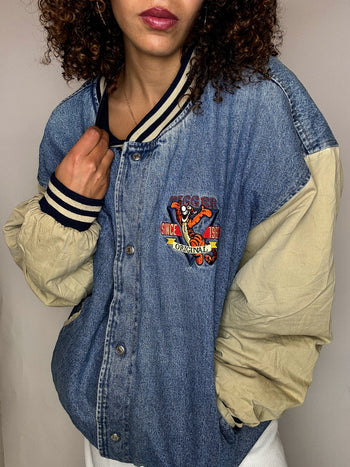 Bomber en denim brodé TIGROU XL vintage