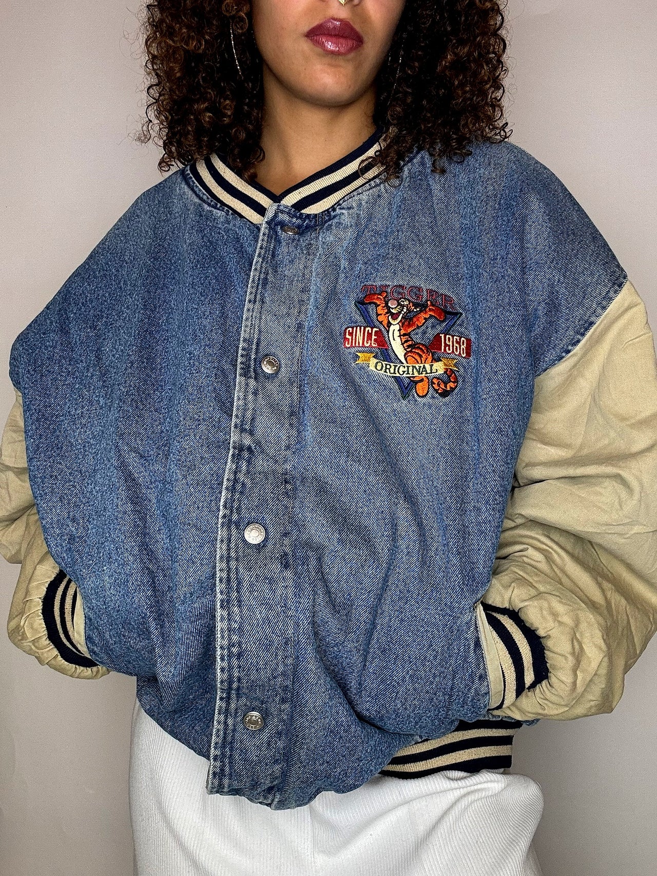 Bomber en denim brodé TIGROU XL vintage