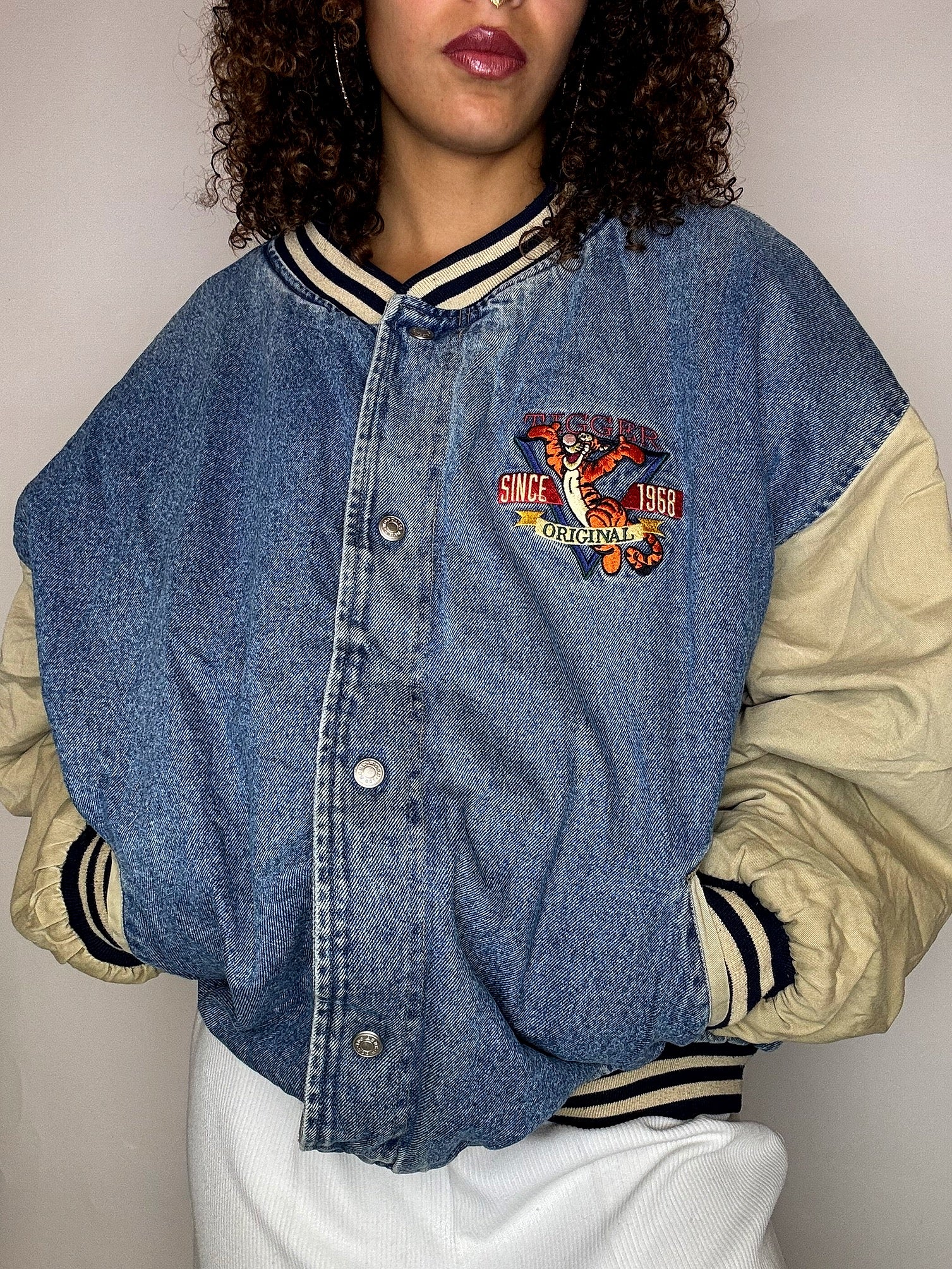 Bomber en denim brodé TIGROU XL vintage