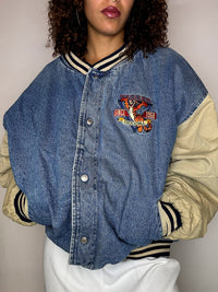 Vintage TIGROU Embroidered Denim Bomber Jacket XL