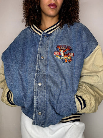 Bomber en denim brodé TIGROU XL vintage
