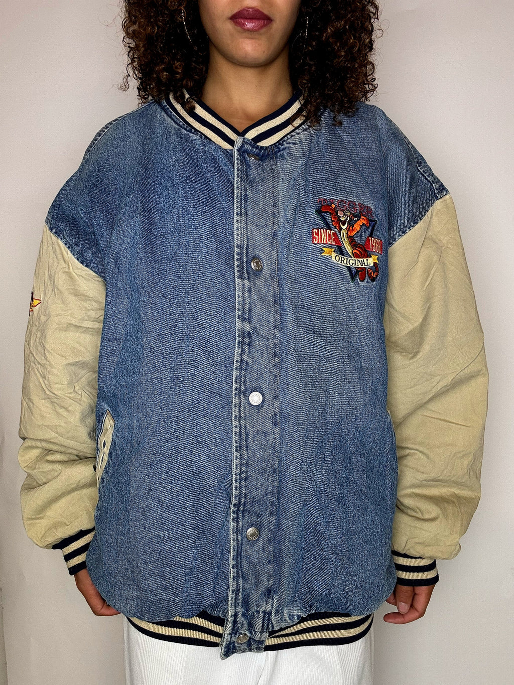 Vintage TIGROU Embroidered Denim Bomber Jacket XL