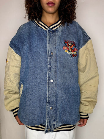 Bomber en denim brodé TIGROU XL vintage