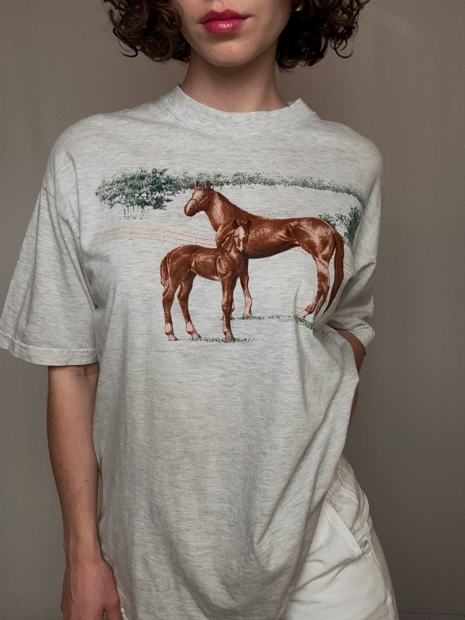Graues bedrucktes T-Shirt L Vintage