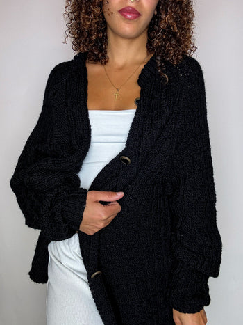 Cardigan en maille noir avec boutons bijoux XL vintage