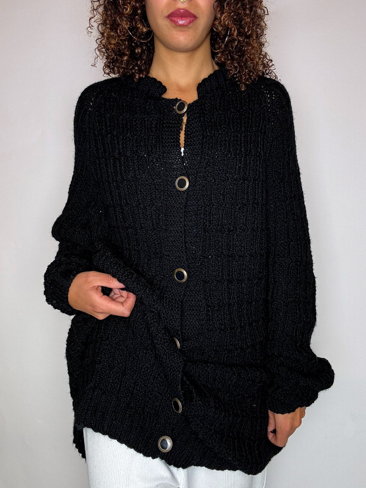 Cardigan en maille noir avec boutons bijoux XL vintage