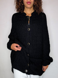Black knit cardigan with oversized vintage jeweled buttons