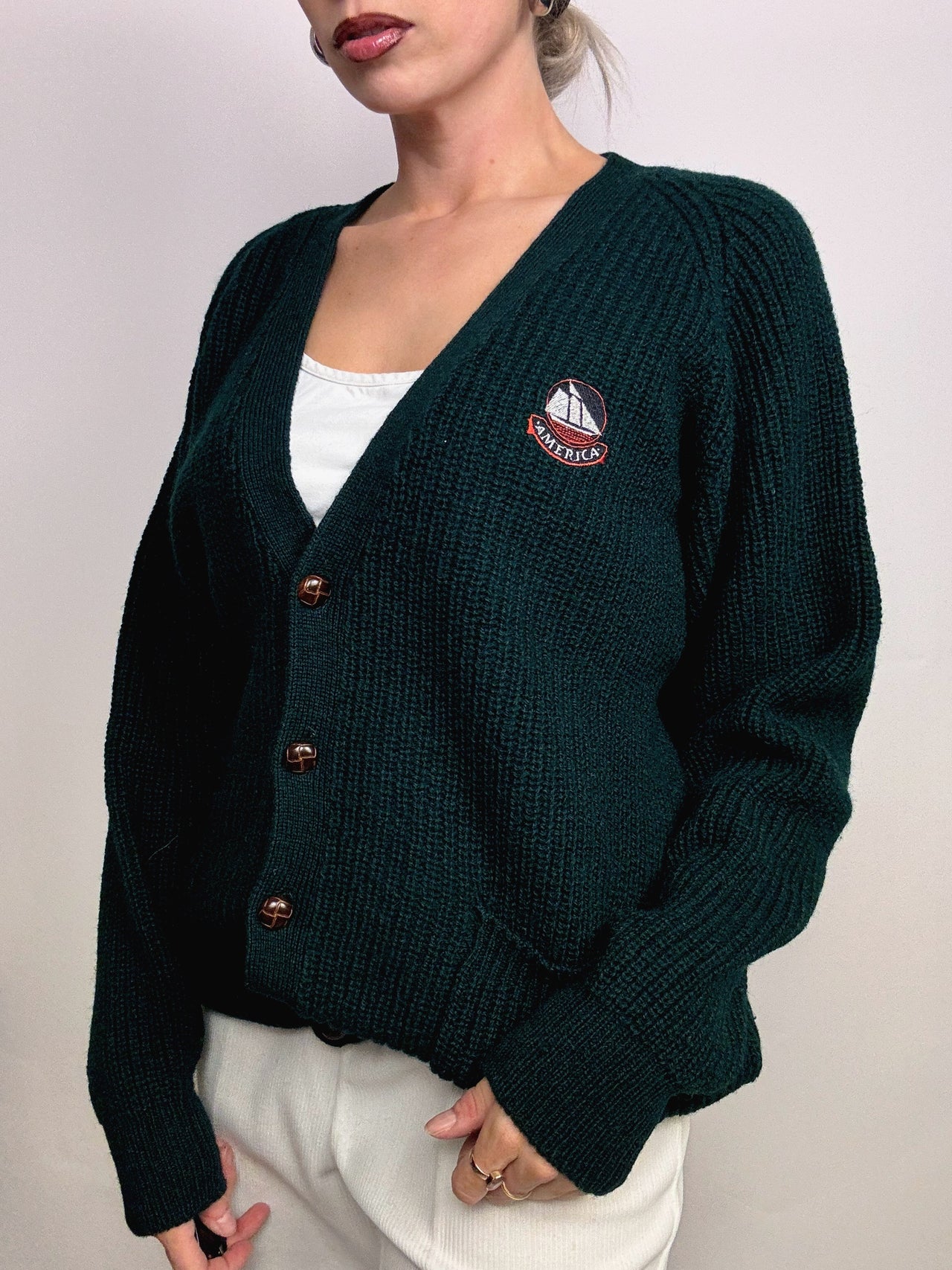 Cardigan vert en maille vintage