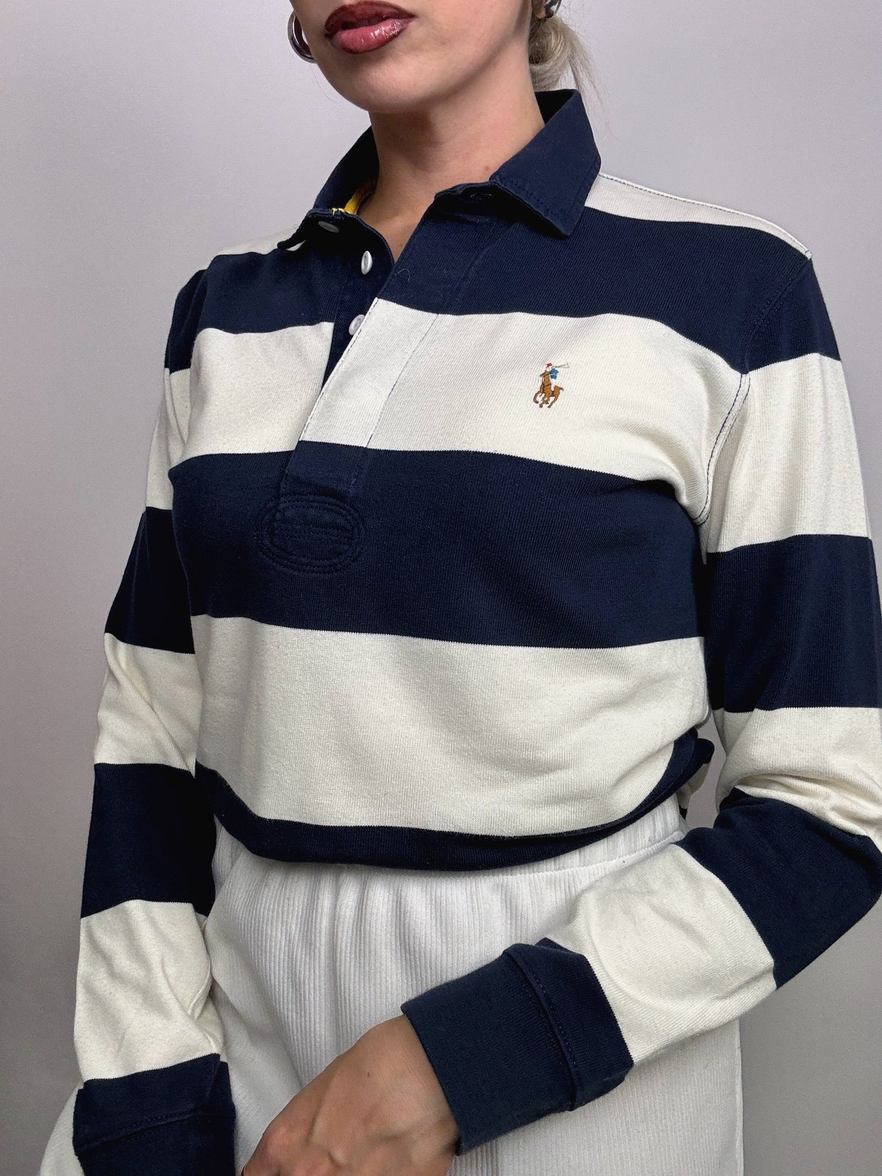 Long sleeve polo shirt with black and white stripes M