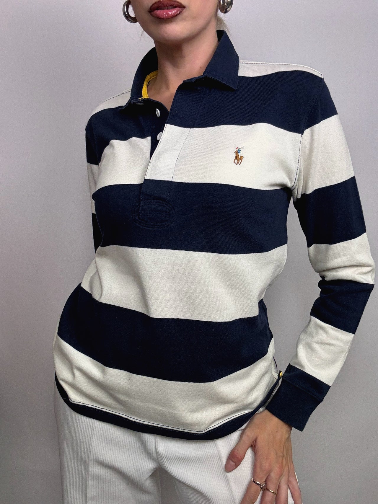 Long sleeve polo shirt with black and white stripes M