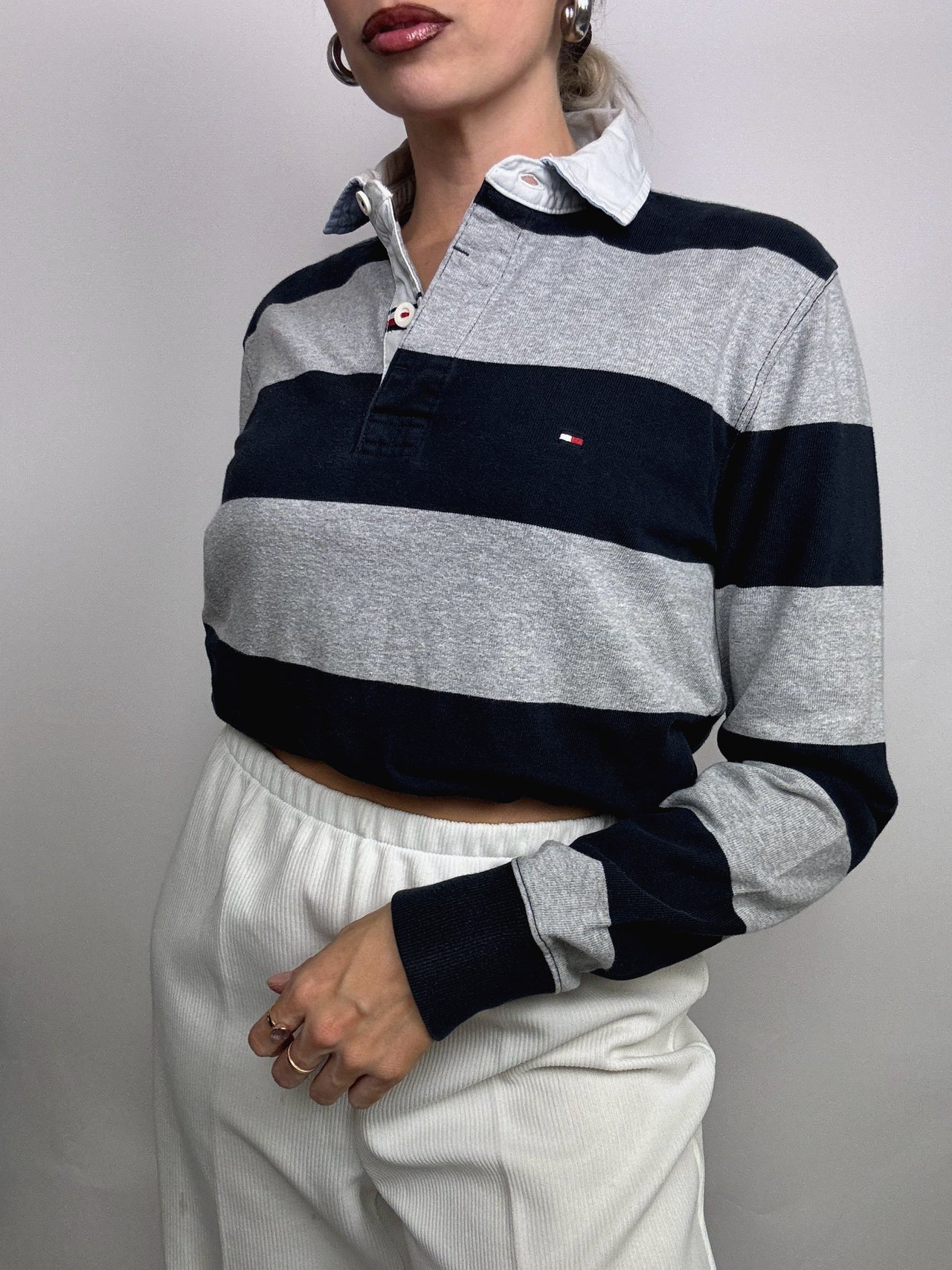 Long sleeve polo shirt with black and white stripes M