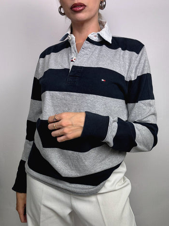 Long sleeve polo shirt with black and white stripes M