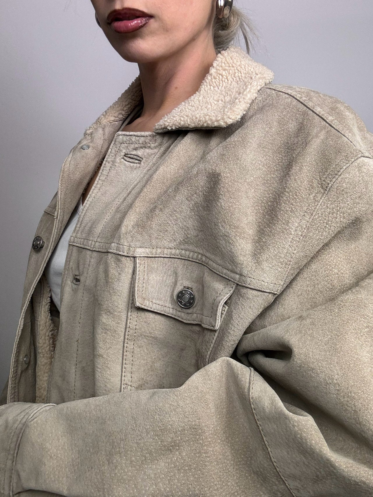 Veste en daim veritable beige doublée Vintage