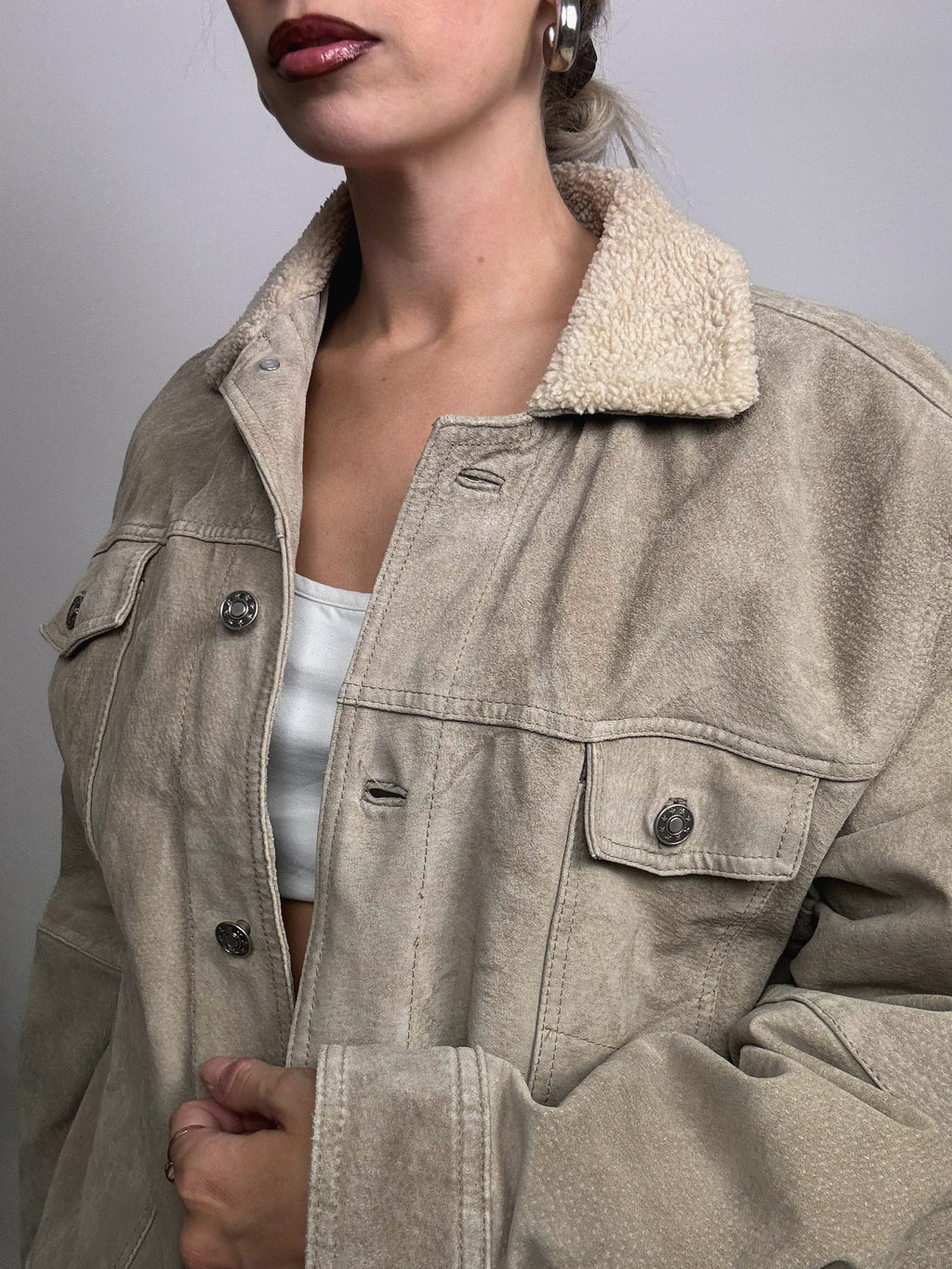 Vintage lined genuine beige suede jacket