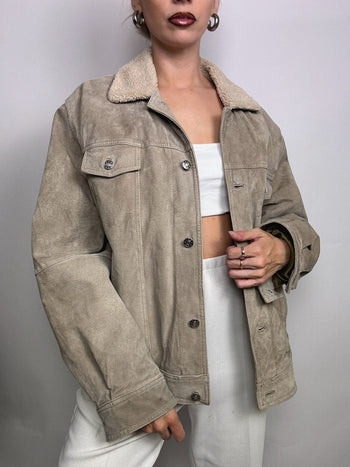 Veste en daim veritable beige doublée Vintage