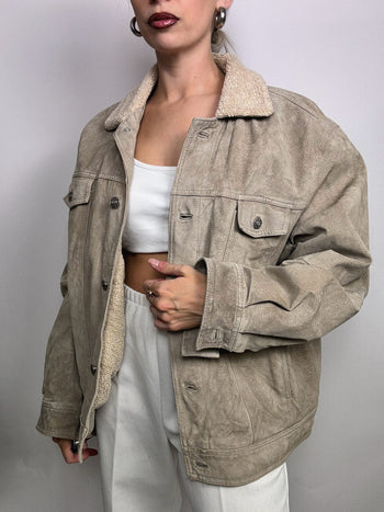 Veste en daim veritable beige doublée Vintage