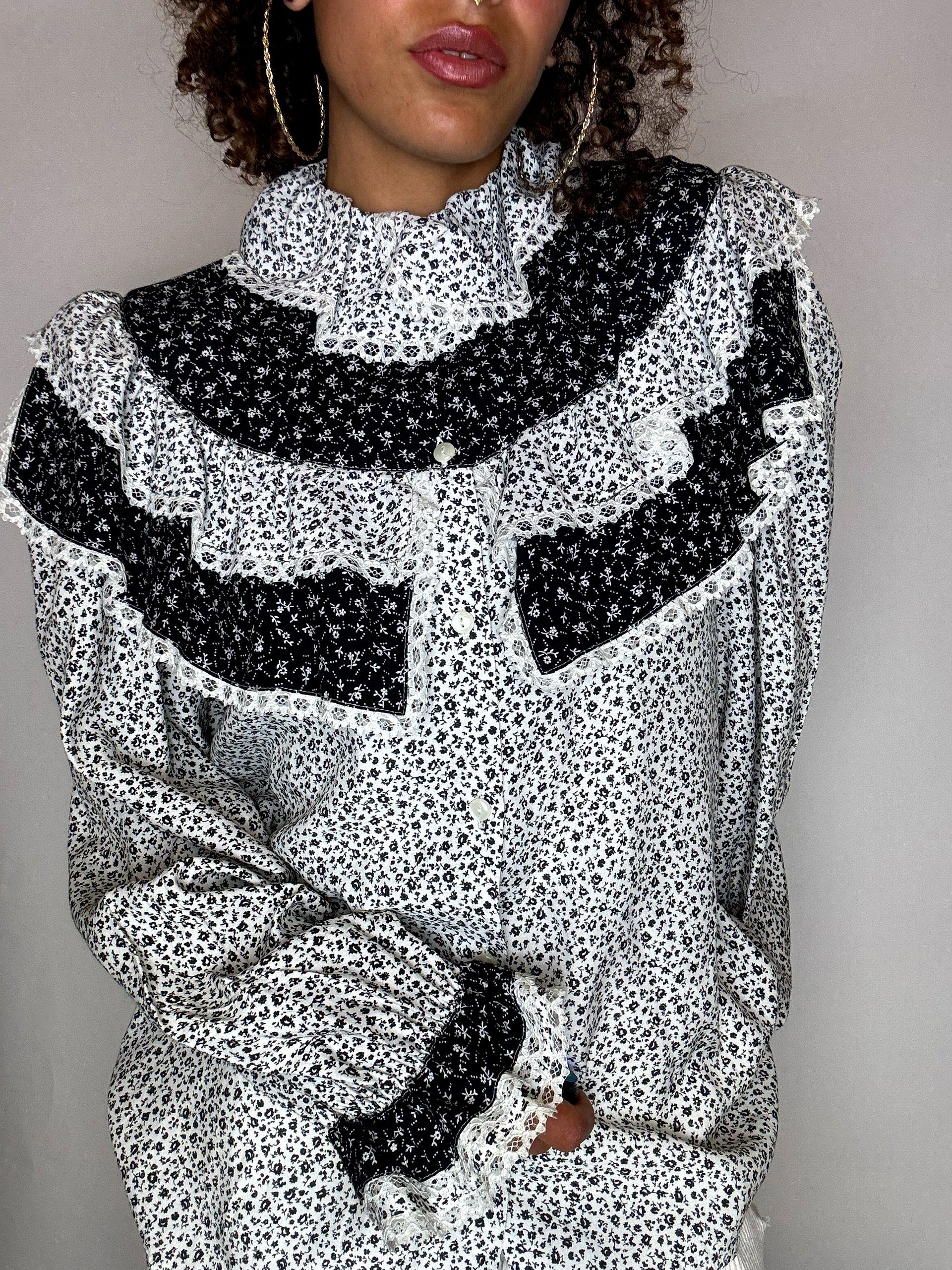 Chemise à volants imprimée M vintage