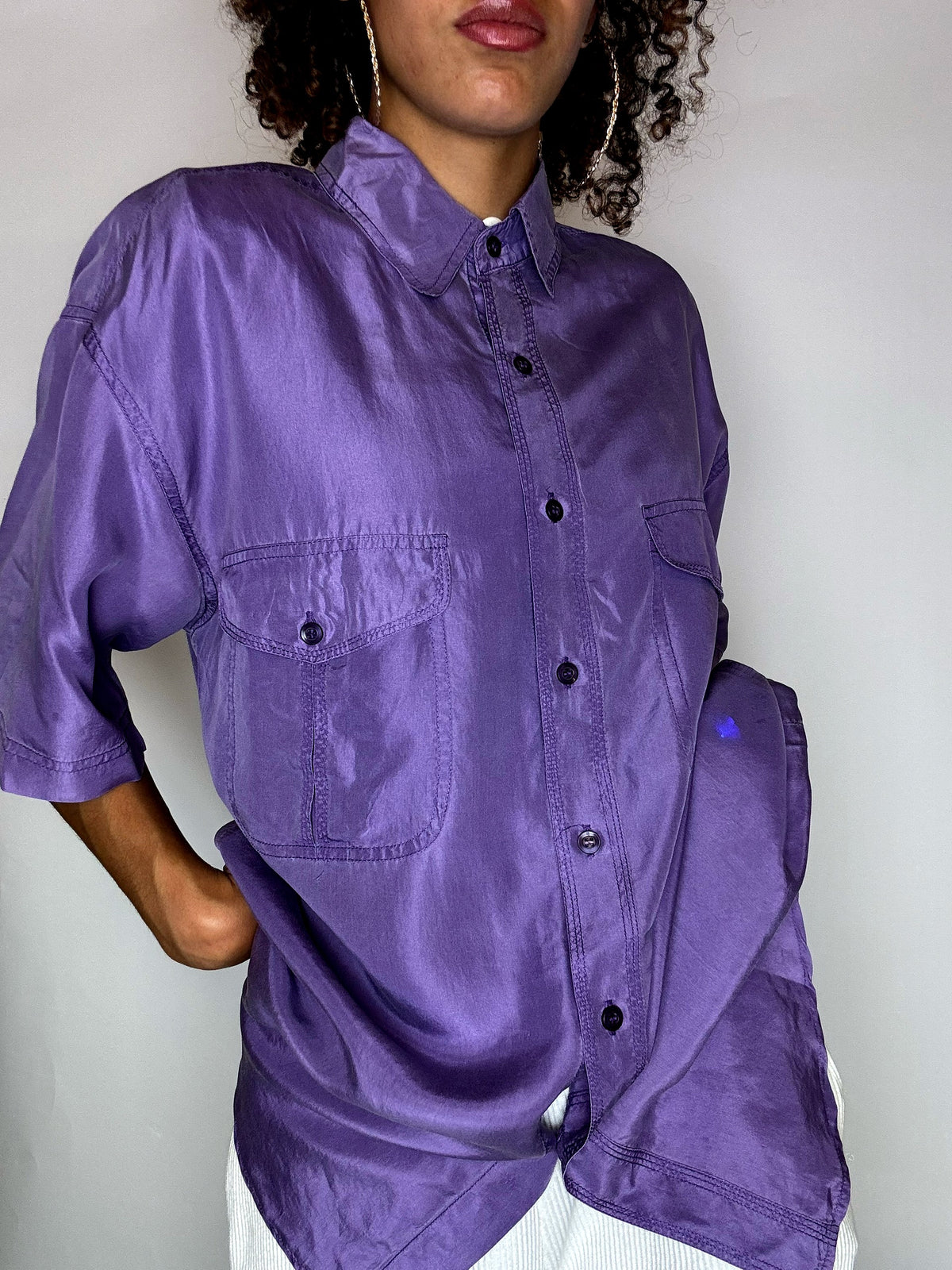 Chemise en soie manche courte violette S/M vintage