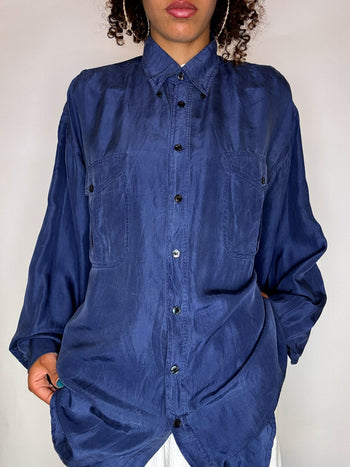 Chemise en soie bleue XL vintage