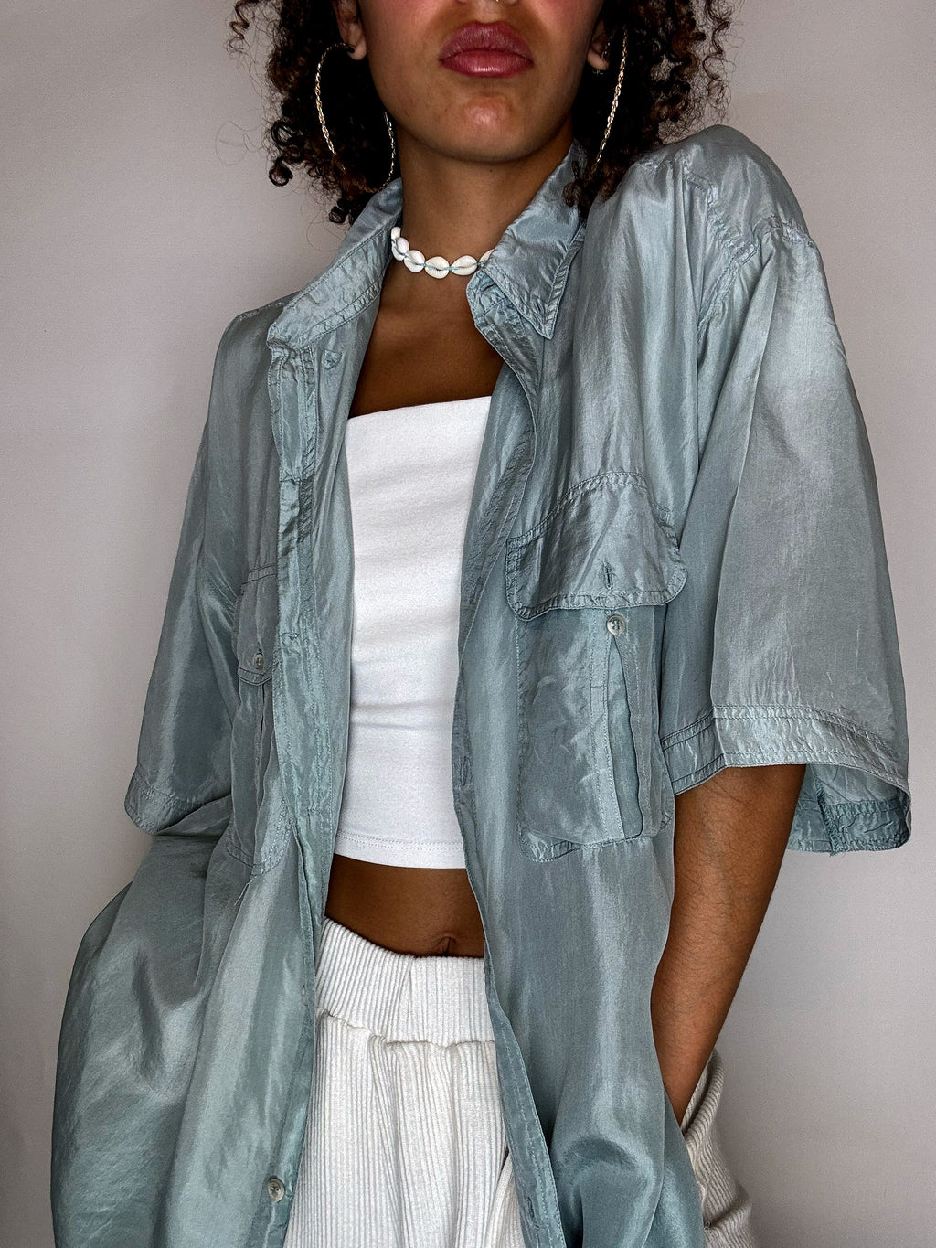 Vintage mint green short-sleeved silk shirt size L