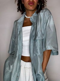 Vintage mint green short-sleeved silk shirt size L