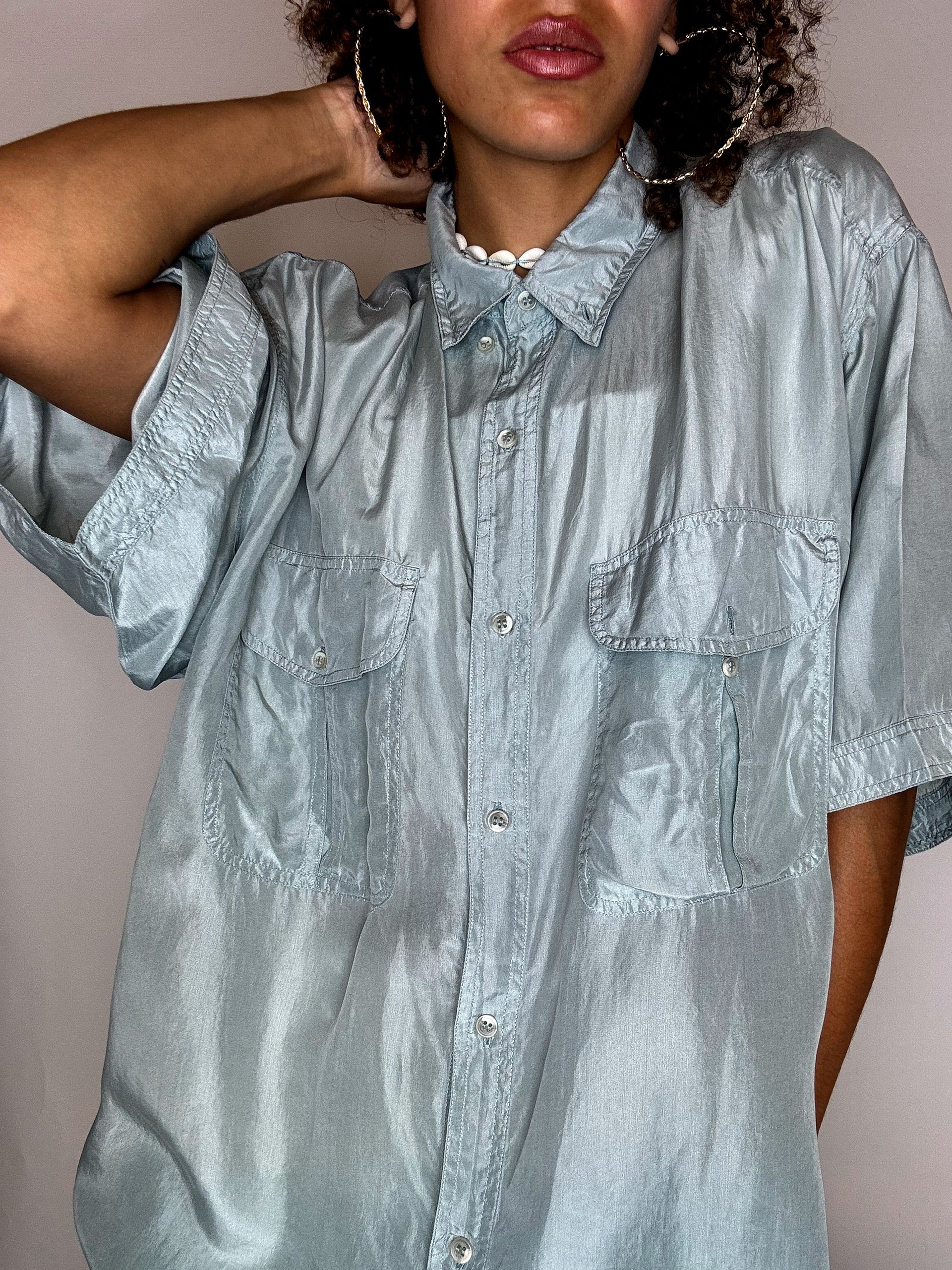 Vintage mint green short-sleeved silk shirt size L