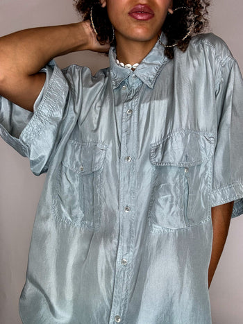 Chemise en soie manche courte vert d'eau L vintage