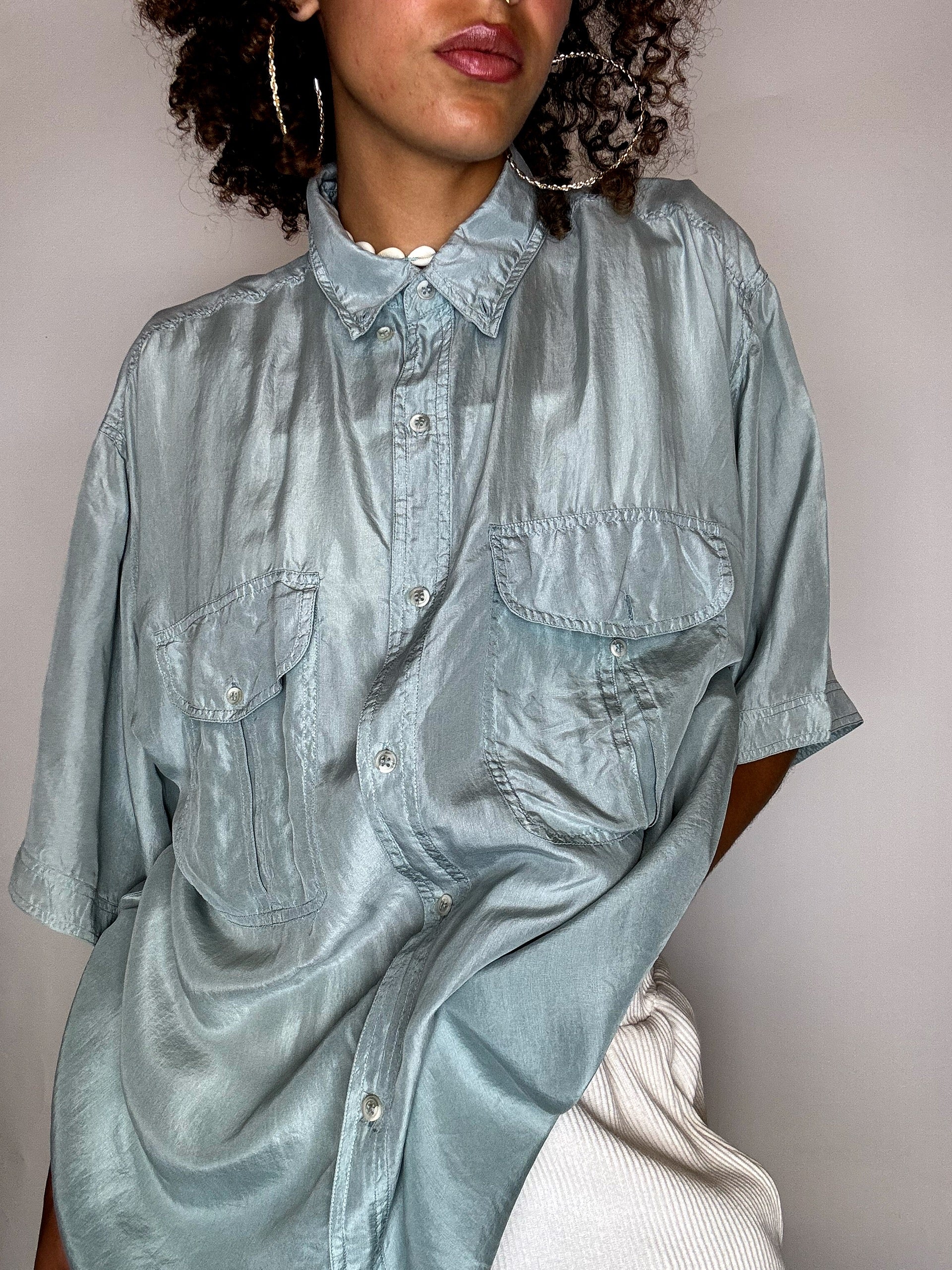 Vintage mint green short-sleeved silk shirt size L