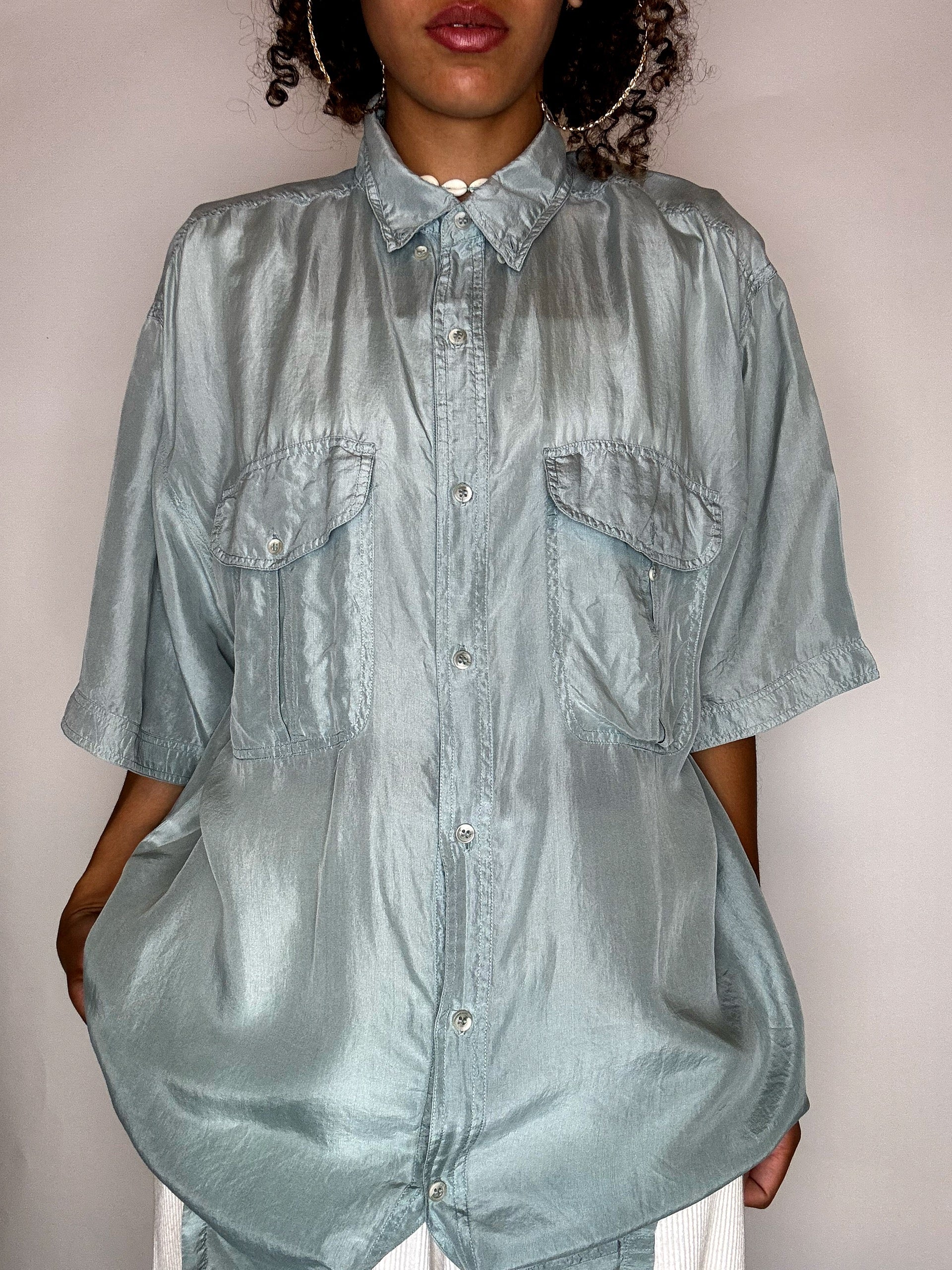 Vintage mint green short-sleeved silk shirt size L