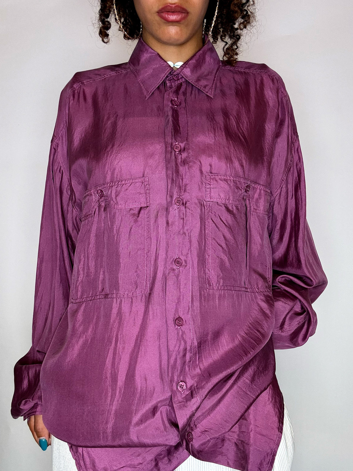Chemise en soie manche longue framboise M/L vintage