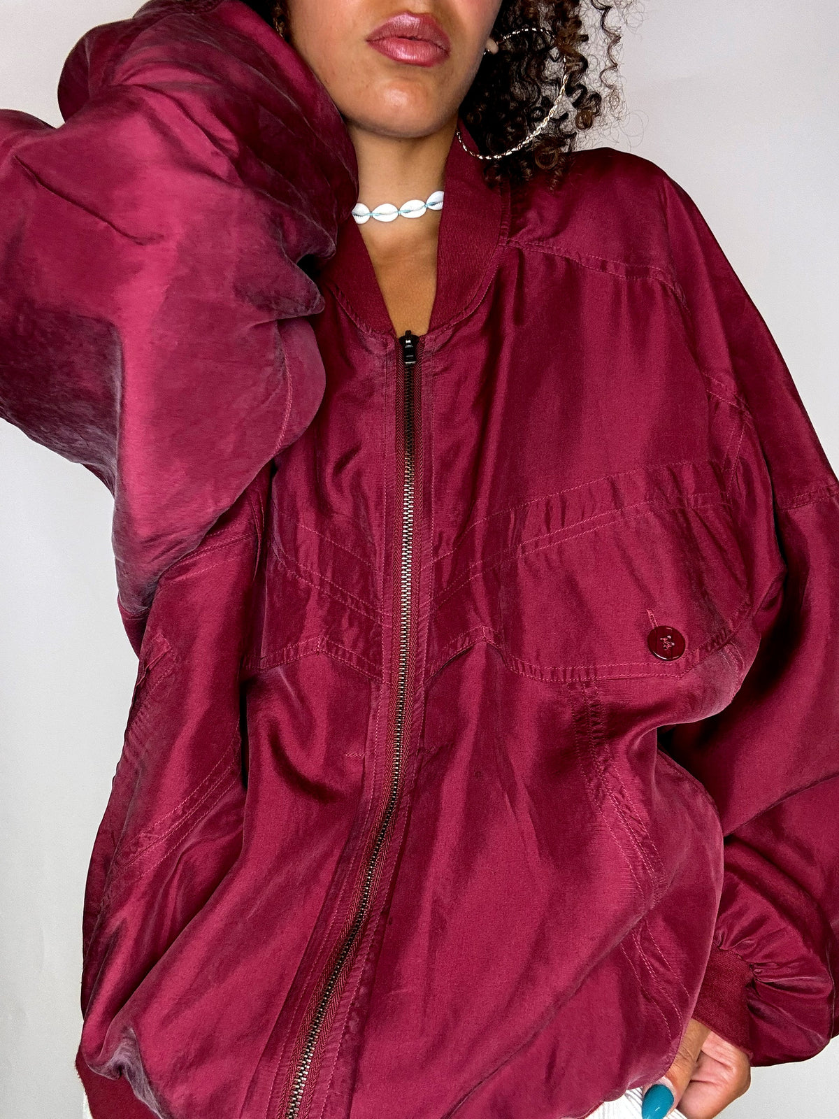 Vintage L red silk bomber jacket