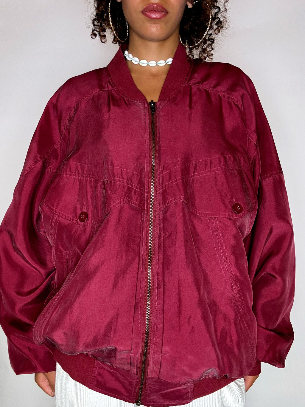 Vintage L red silk bomber jacket