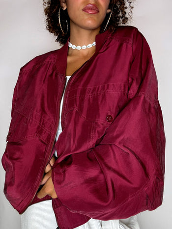 Bomber en soie rouge L vintage
