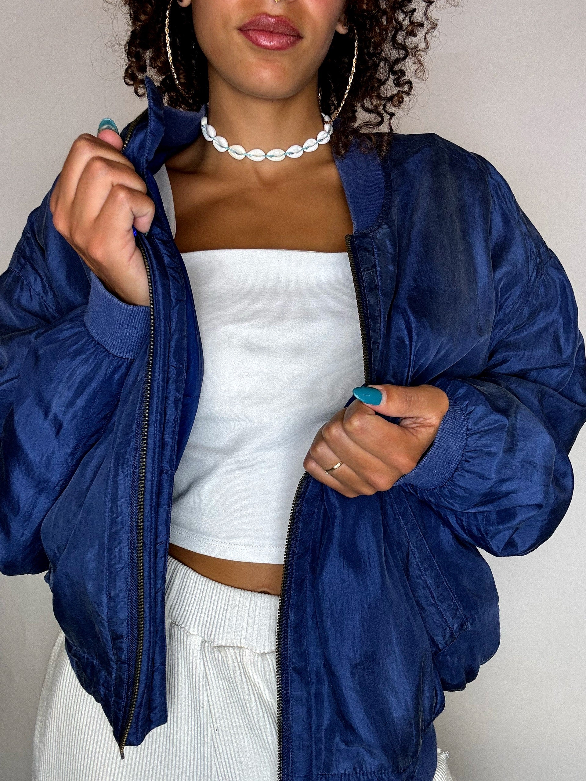 Bomber en soie bleu M vintage