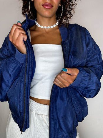 Bomber en soie bleu M vintage