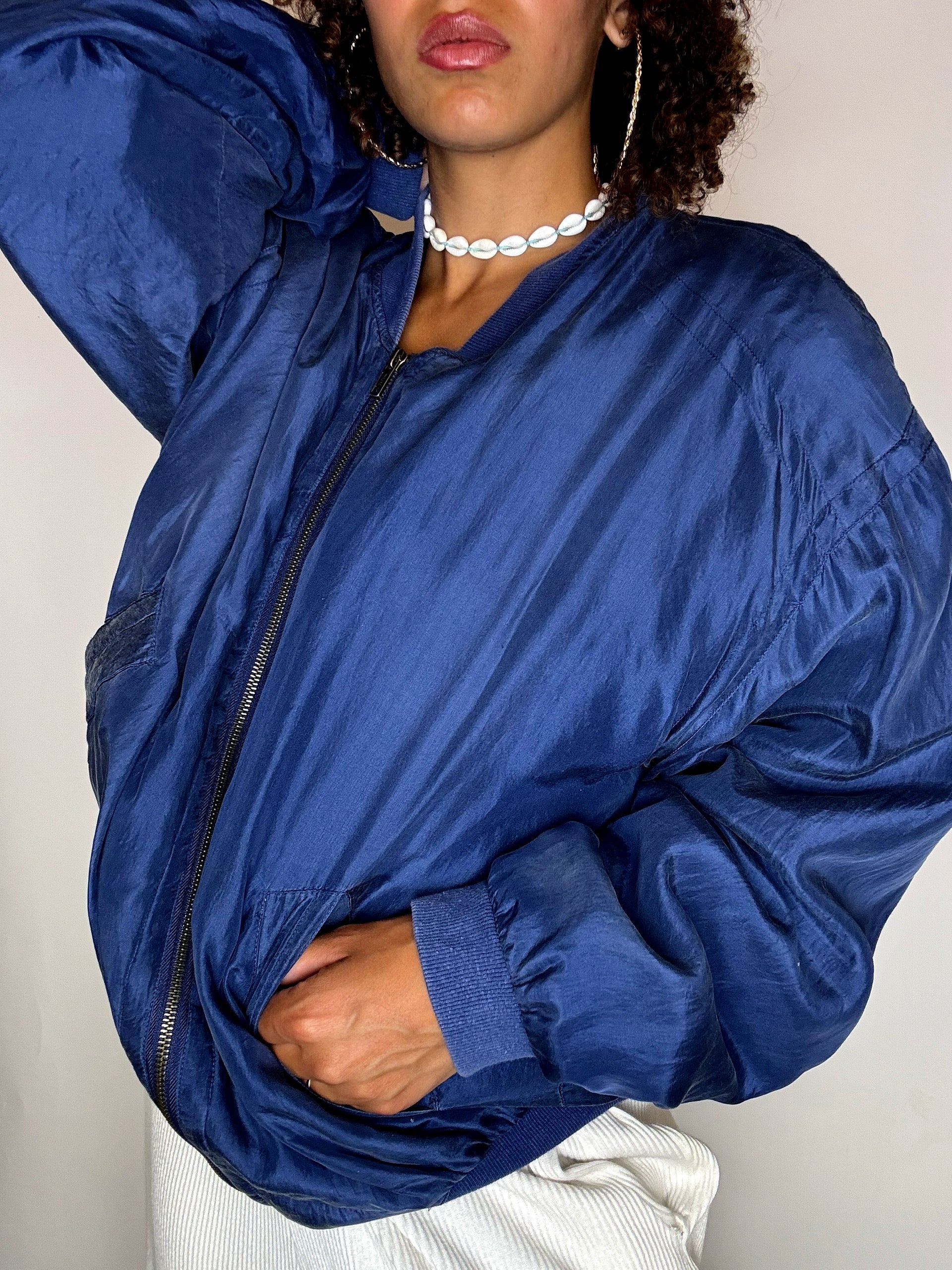 Bomber en soie bleu M vintage