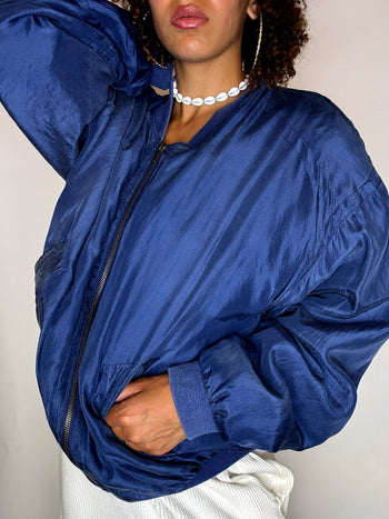 Bomber en soie bleu M vintage
