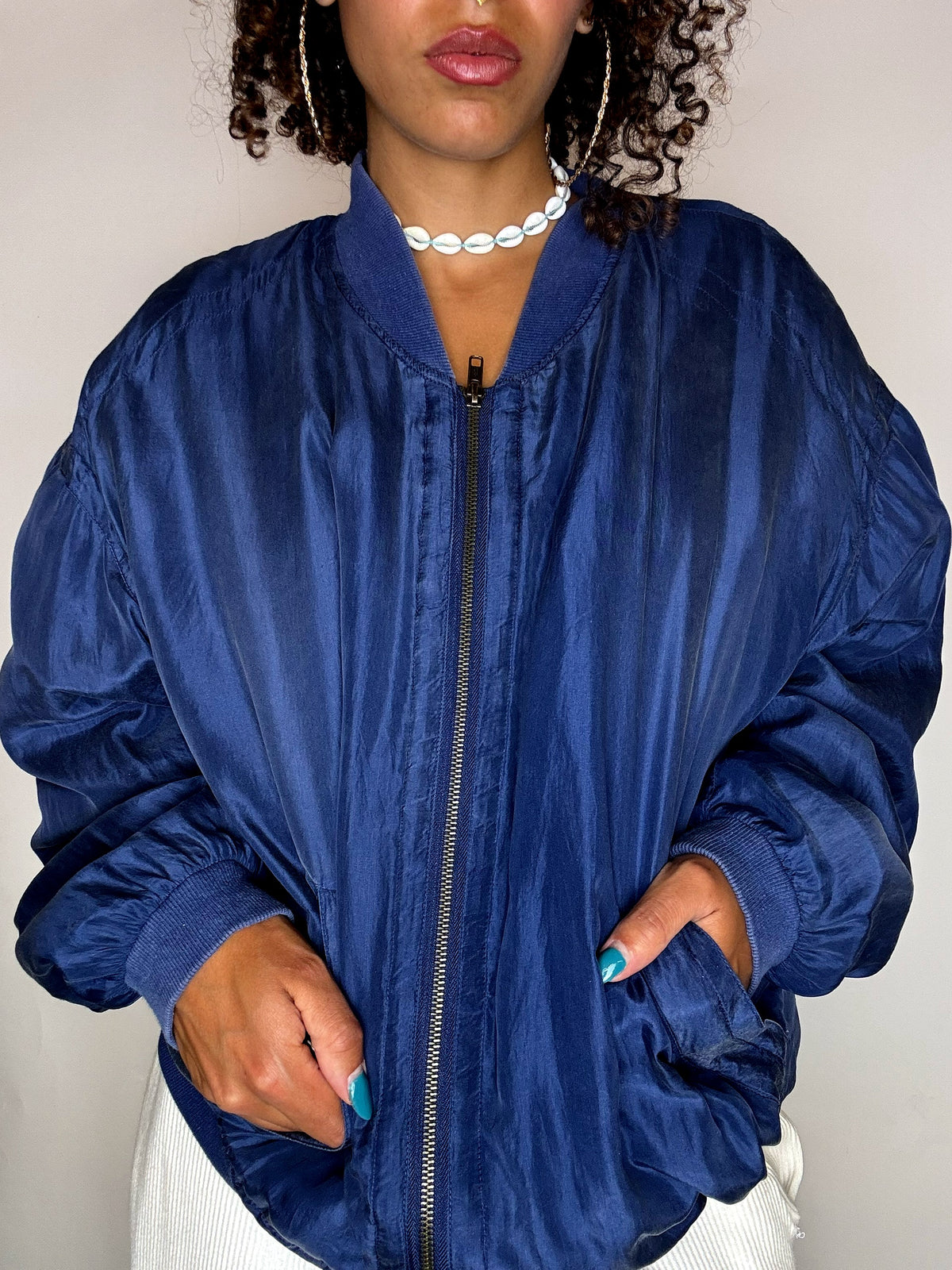 Vintage blaue Seidenbomberjacke, Größe M 