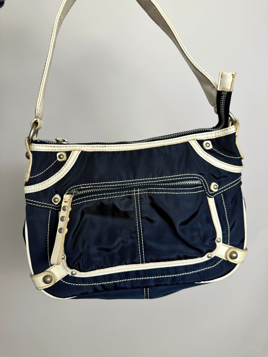 Vintage SISLEY navy fabric bag with cream details