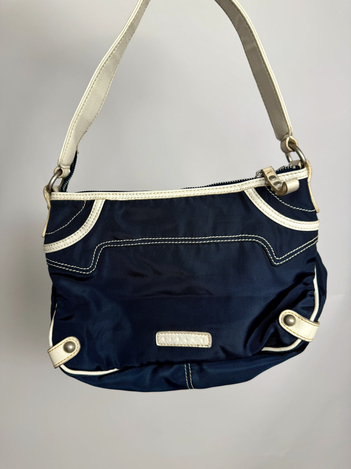 Vintage SISLEY navy fabric bag with cream details