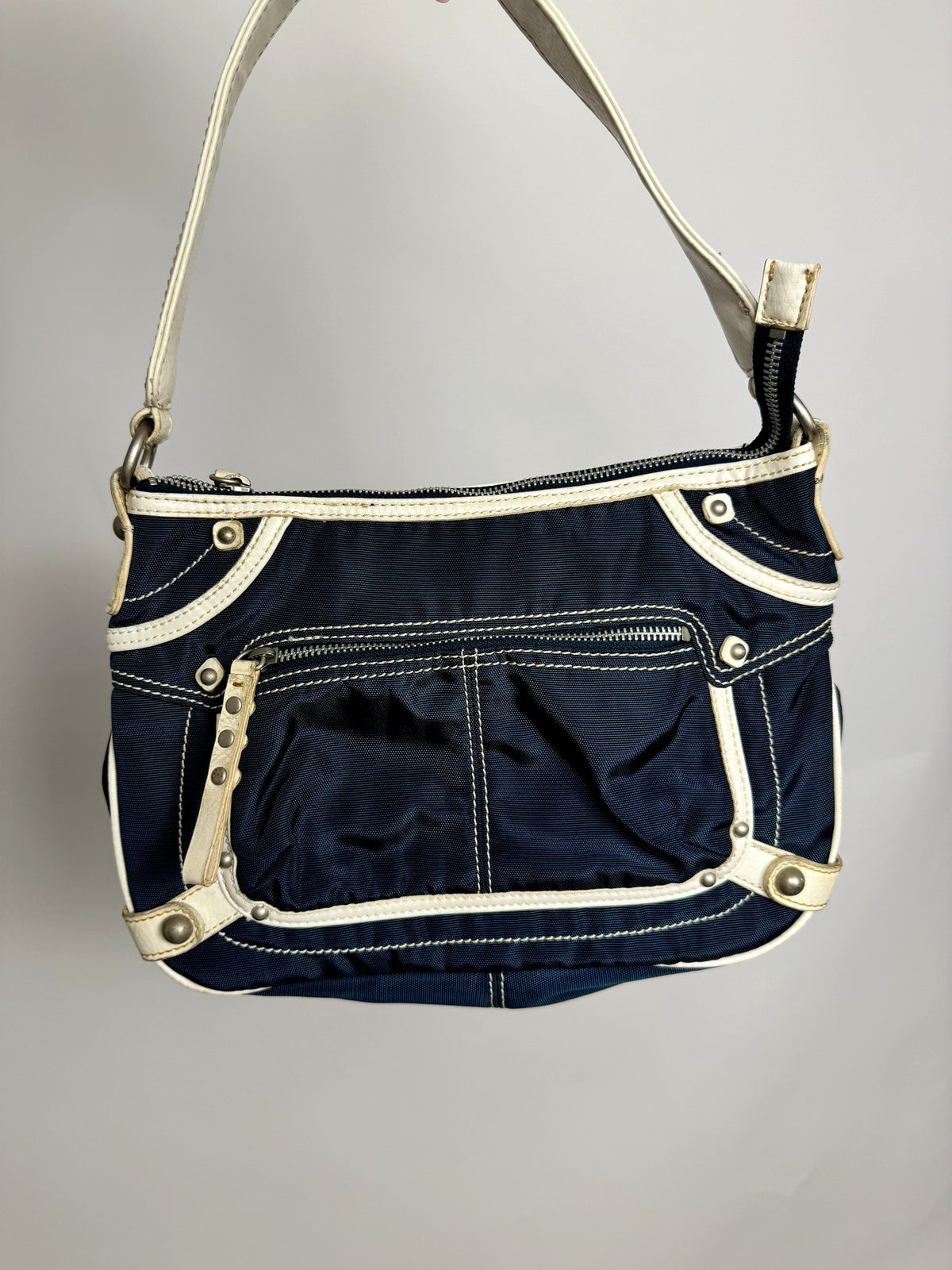 Vintage SISLEY navy fabric bag with cream details
