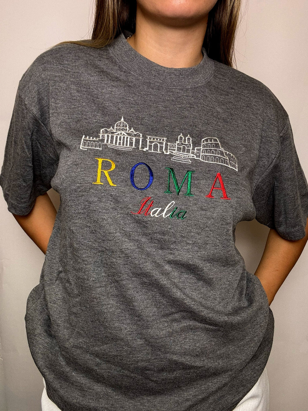 Vintage besticktes graues Roma M T-Shirt