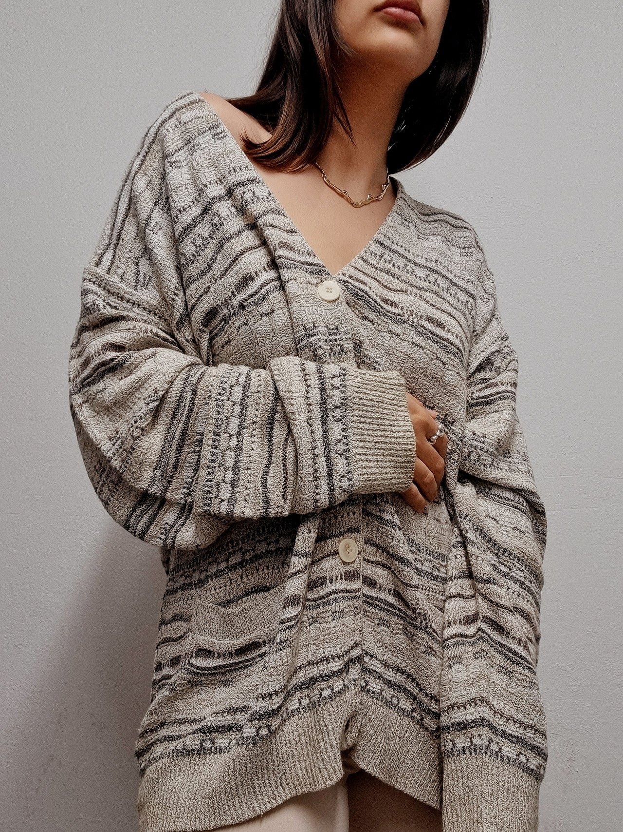 Cardigan fin vintage à motif beige L/XL