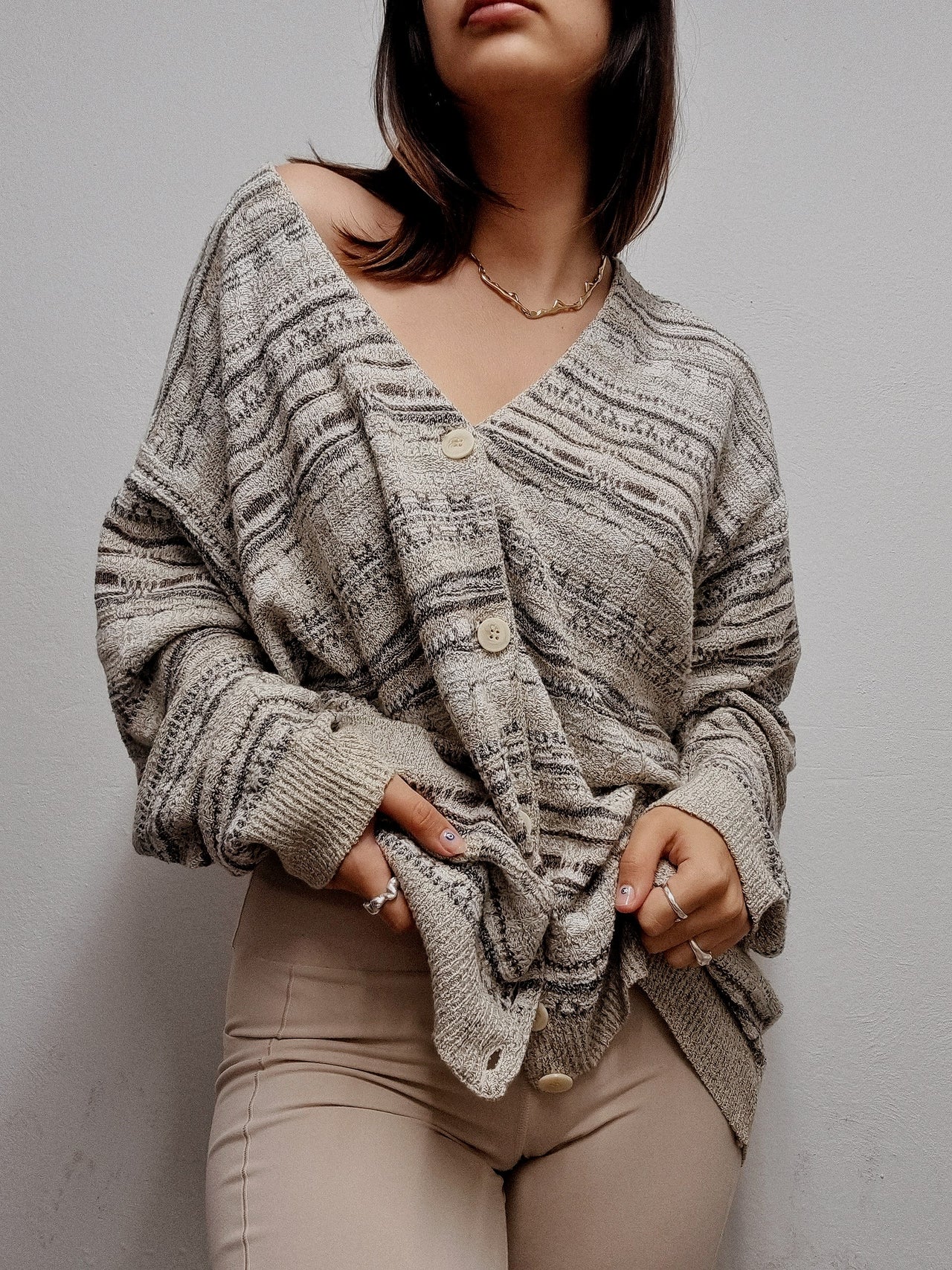 Cardigan fin vintage à motif beige L/XL